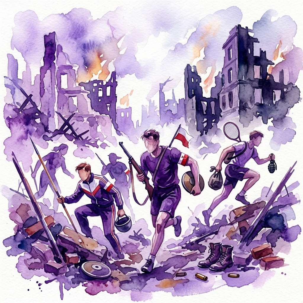 Watercolor illustration of athletes in sports uniforms running through war-torn ruins, carrying weapons and sports equipment, symbolizing the Warsaw Uprising.