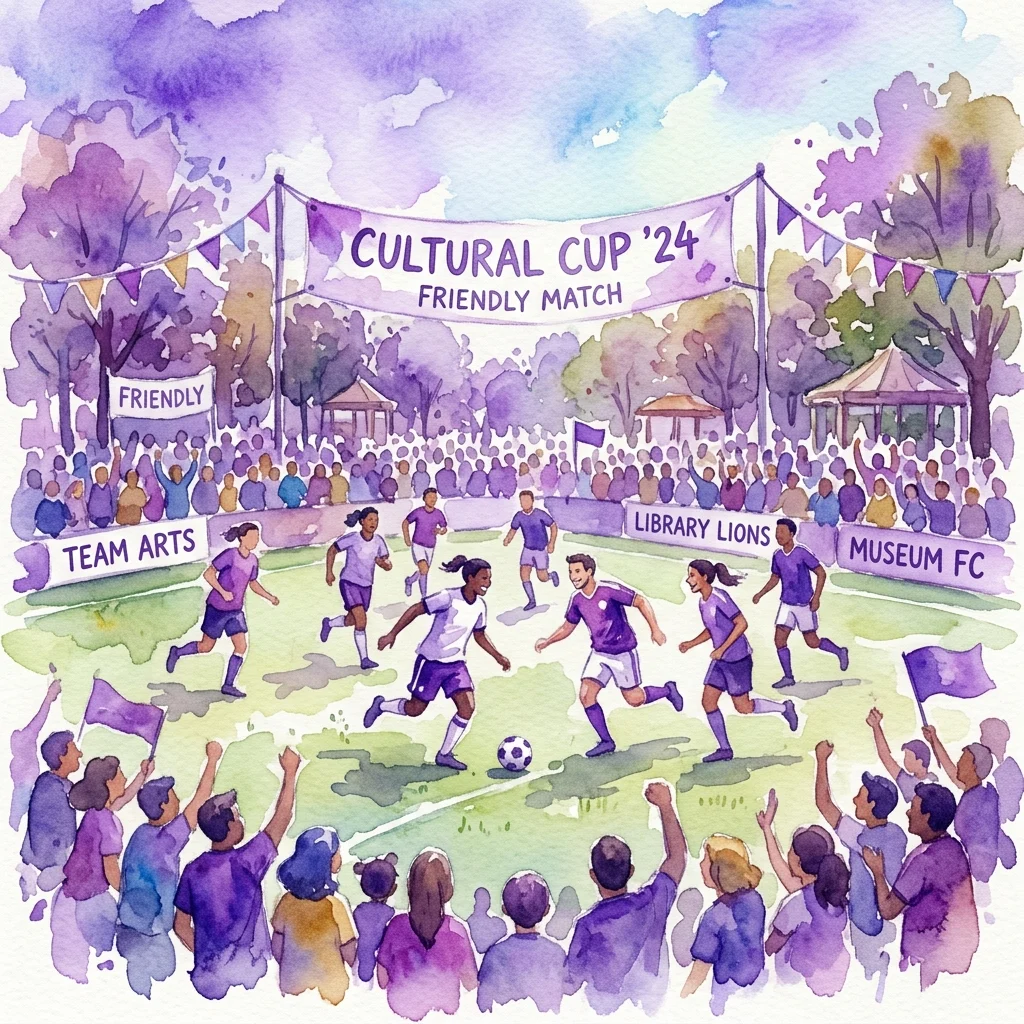 Ilustracja akwarelowa przyjaznego meczu piłki nożnej podczas Cultural Cup '24, przedstawiająca drużyny z instytucji kulturalnych, takie jak Team Arts, Library Lions i Museum FC, z kibicującymi widzami w parku.
