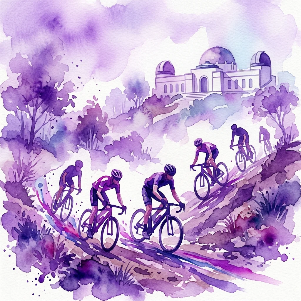 Ilustracja akwarelowa przedstawiająca kolarzy rywalizujących na trasie przełajowej z budynkiem muzeum w tle, reprezentująca wydarzenie III Muzeum Sportu Poland Bike 2025 w Warszawie.