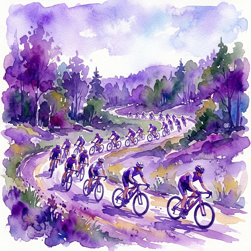 Waterverfillustratie van amateurwielrenners die racen op een slingerend bospad tijdens de openingsceremonie van de LOTTO Poland Bike Marathon 2023.