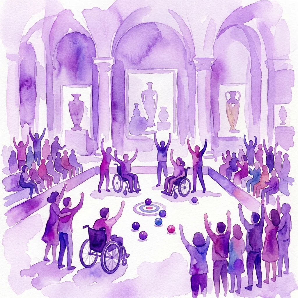 Włączający turniej bocce w Muzeum Sportu i Turystyki w Warszawie, z udziałem sportowców na wózkach rywalizujących, podczas gdy widzowie kibicują w sali muzealnej z klasycznymi eksponatami.