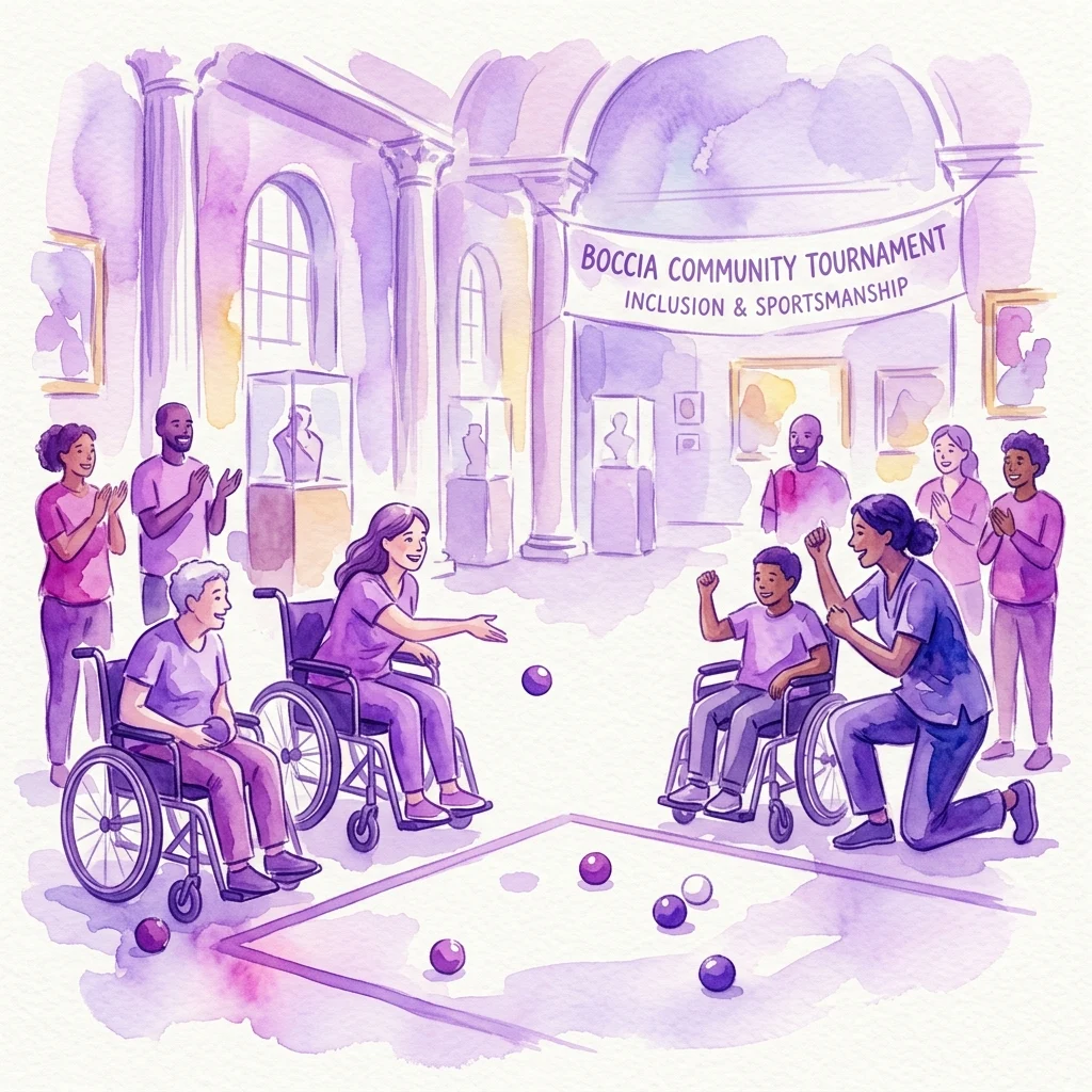 A watercolor illustration of a boccia tournament in a museum, featuring people in wheelchairs playing and others cheering, with a banner reading "Boccia Community Tournament: Inclusion & Sportsmanship".