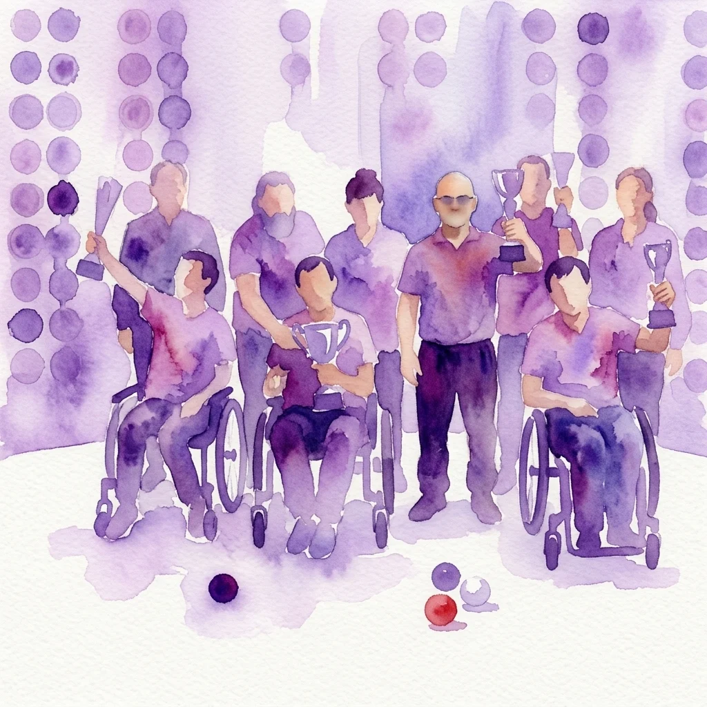 Waterverfillustratie van atleten met een beperking die een Boccia-toernooioverwinning vieren, met trofeeën in een museumsetting, ter herdenking van de Internationale Dag van Personen met een Handicap.