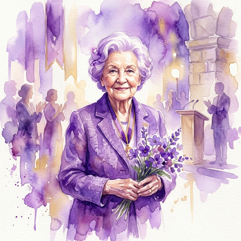 A watercolor illustration of Irena Szewińska, a distinguished elderly woman with white hair, smiling while holding a bouquet of purple flowers at her 70th birthday celebration at the Museum of Sport and Tourism.