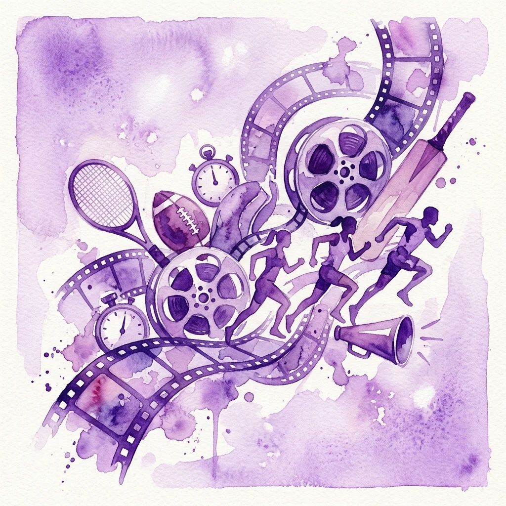 Een paarse aquarelillustratie met filmrollen, filmstrips, sportuitrusting zoals een tennisracket en voetbal, een stopwatch en silhouetten van renners, ter representatie van het IV Sports Film Festival 'Sztafeta'.