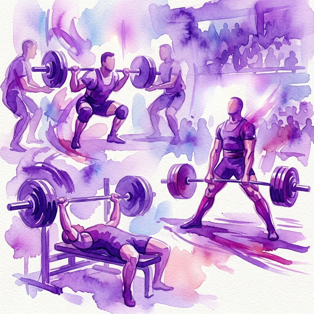 Una ilustración en acuarela de atletas realizando eventos clásicos de powerlifting: sentadillas, press de banca y levantamiento de pesas, capturando la intensidad de una competición de fuerza.