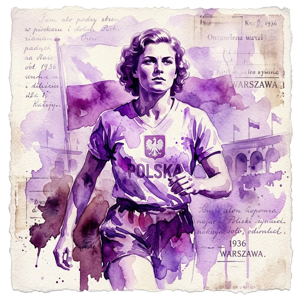 Een aquarelillustratie van Janusz Kusociński, een Poolse atleet, in een rennende pose, gekleed in een 'POLSKA'-shirt met het Poolse adelaarembleem, tegen een vintage achtergrond met de tekst '1936 Warschau' en historische documenten.