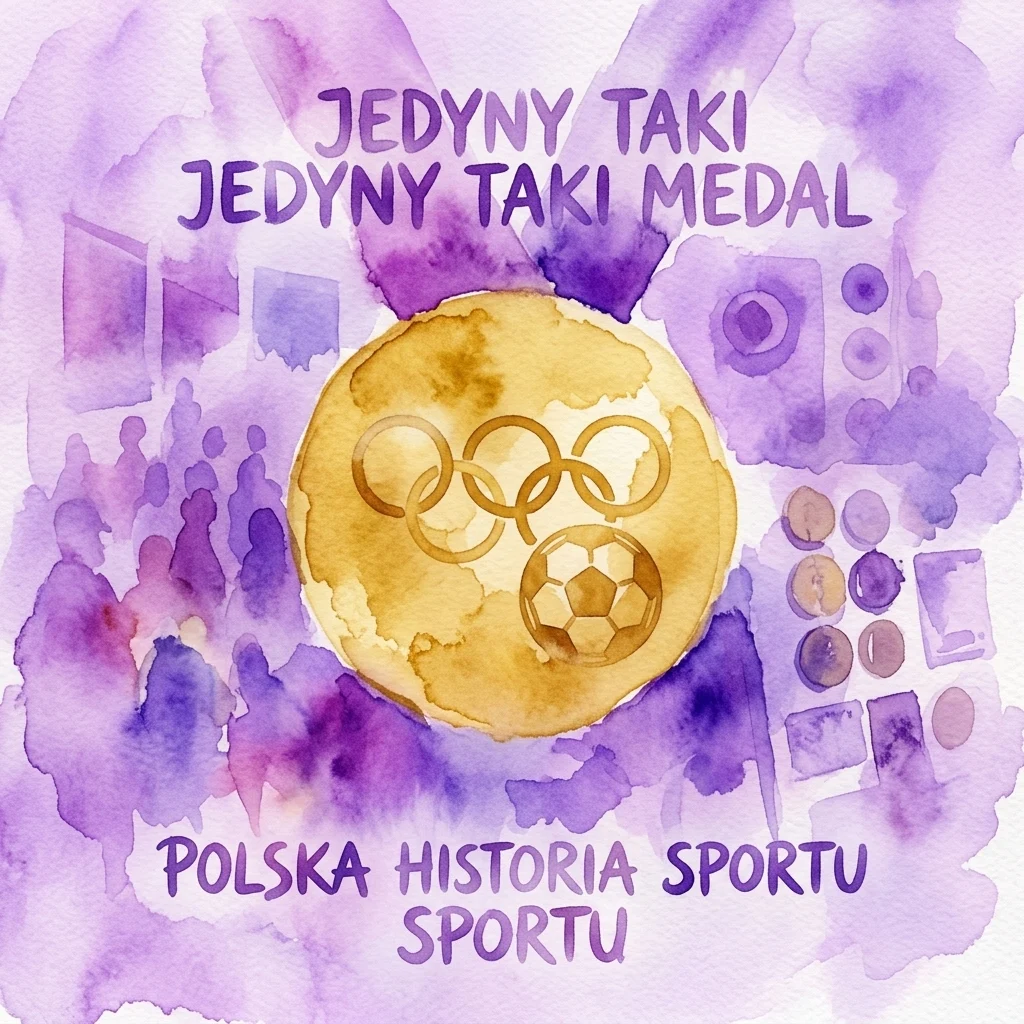 Waterverfillustratie van een gouden Olympische medaille met voetbal en Olympische ringen, omringd door paarse silhouetten en tekst met de tekst 'JEDYNY TAKI MEDAL' en 'POLSKA HISTORIA SPORTU'