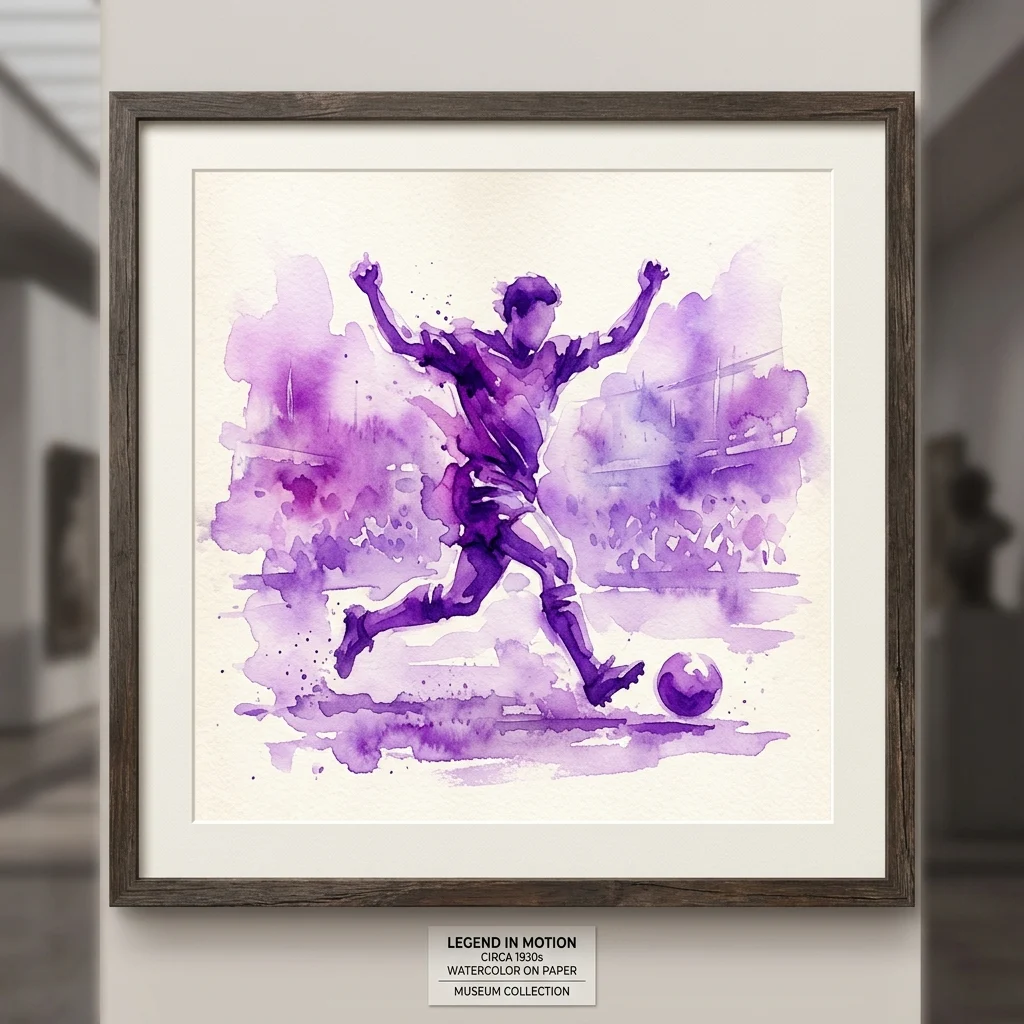 Een ingelijste paarse aquarel van een voetballer in actie, getiteld 'Legend in Motion', uit de Museumcollectie, tentoongesteld in een tentoonstellingsruimte.