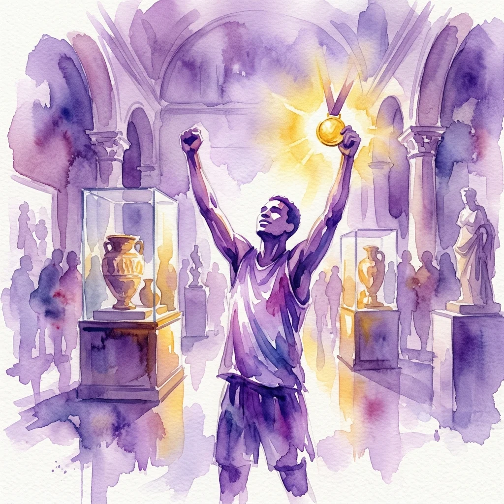 Una ilustración en acuarela de un atleta celebrando con una medalla de oro en alto en un salón de exposiciones de un museo, rodeado de vitrinas con artefactos.