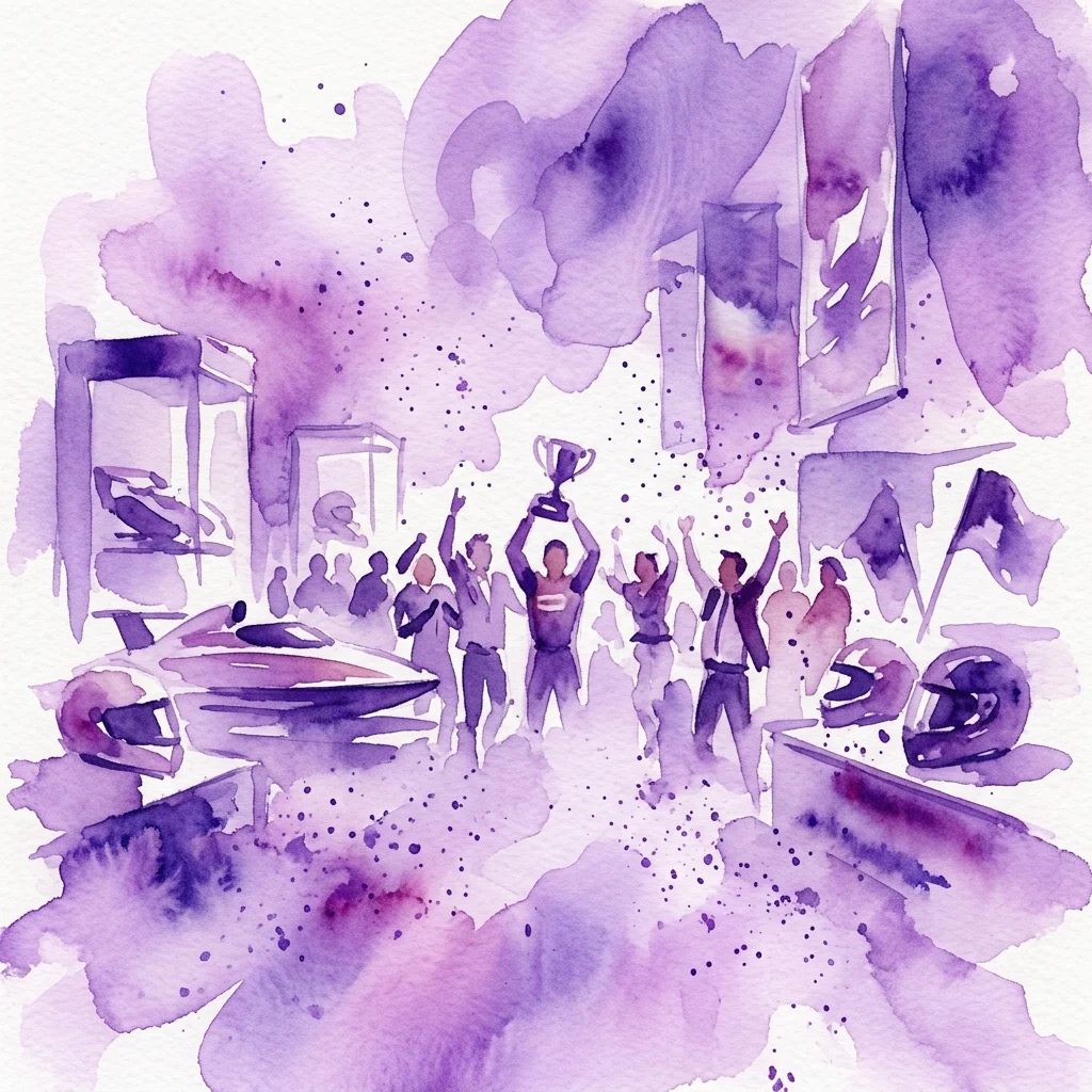 Ilustracja akwarelowa uroczystości 80. urodzin Waldemara Marszałka, przedstawiająca łódź motorową, trofea i pamiątki wyścigowe w scenerii muzealnej.