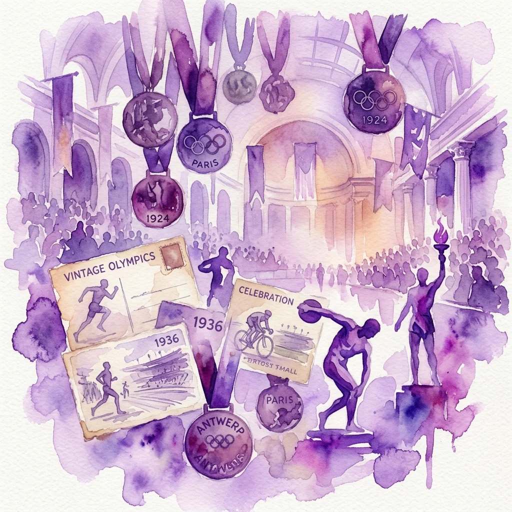 Ilustración en acuarela de medallas olímpicas vintage, postales y esculturas de los Juegos de 1924, 1936 y 1952, conmemorando el 100 aniversario del Comité Olímpico Polaco.