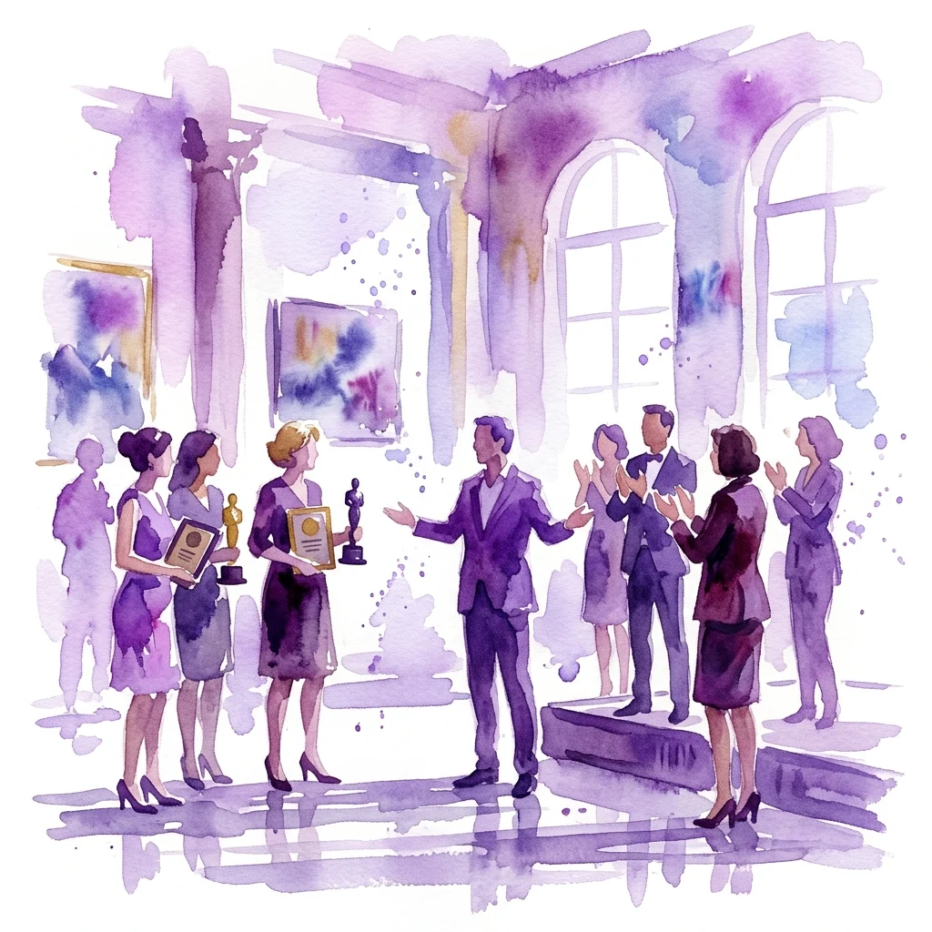 Watercolor illustration of a formal award ceremony in a museum gallery, with recipients receiving plaques and statuettes while others applaud.