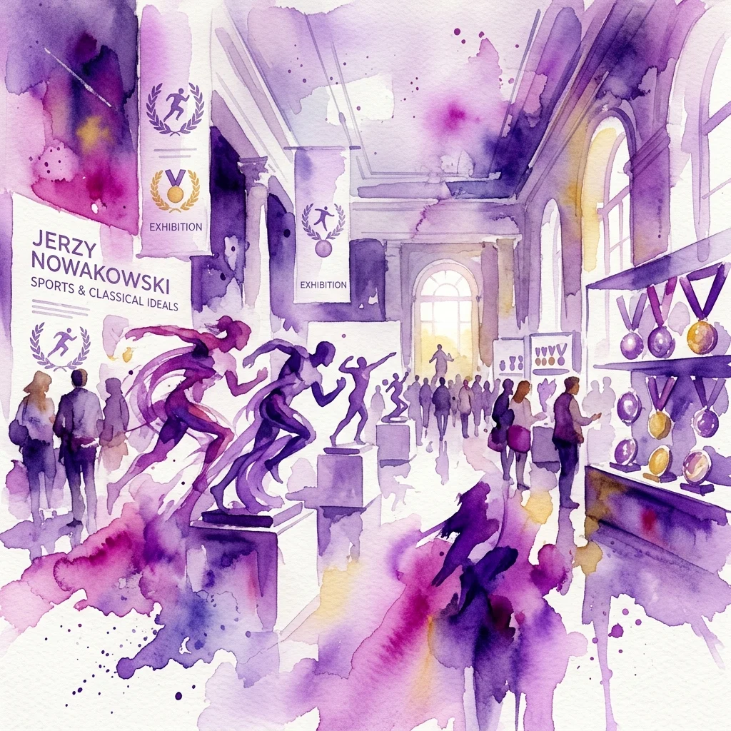 Watercolor illustration of the 'Kalos Kagathos' exhibition at the Museum of Sport and Tourism, featuring sculptures by Jerzy Nowakowski and a display of medals, with visitors exploring the gallery.
