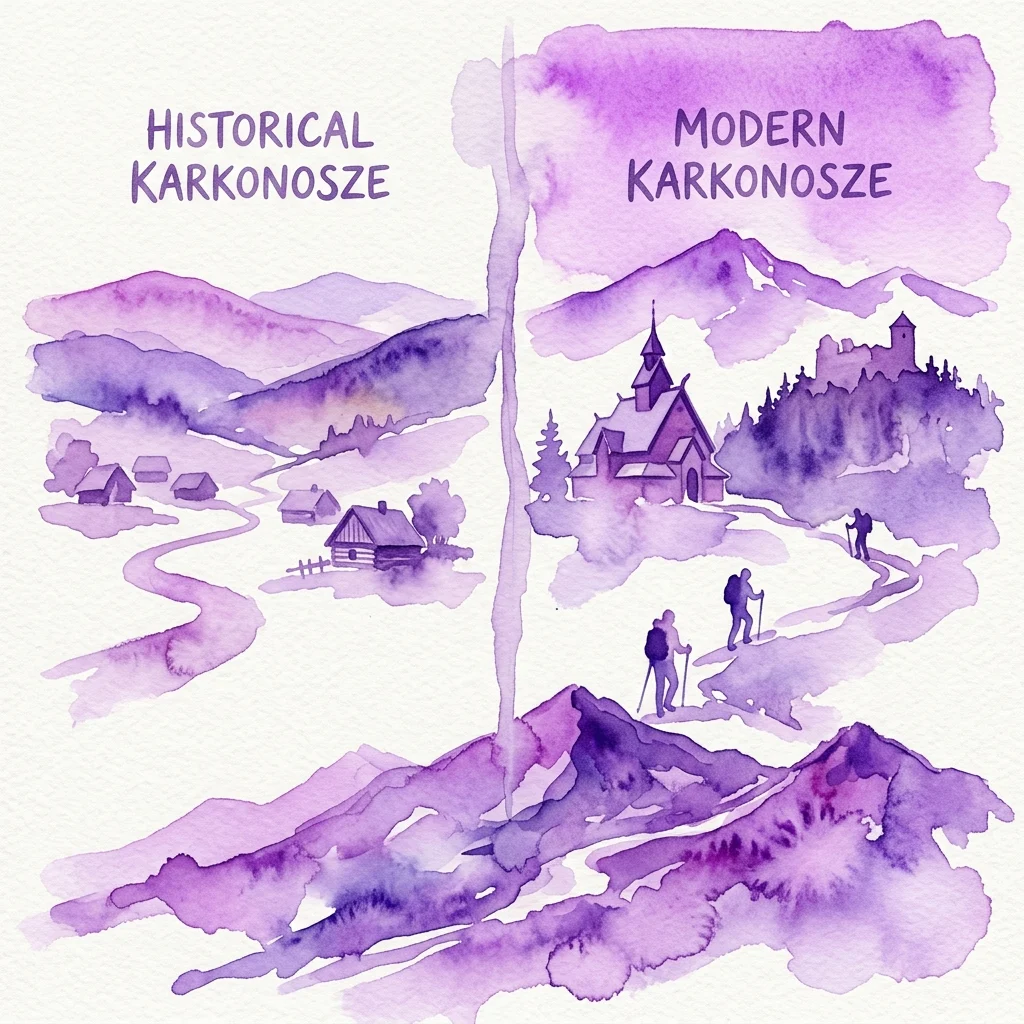 A watercolor illustration comparing historical and modern Karkonosze mountains, with rustic villages on the left and hikers near Wang Church and Chojnik Castle on the right.