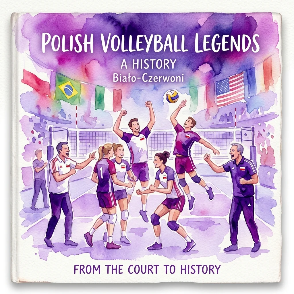 Boekomslag voor "Poolse Volleyballegendes: Een Geschiedenis" met aquarelillustraties van Poolse volleybalspelers en coaches die juichen op een veld met internationale vlaggen op de achtergrond.