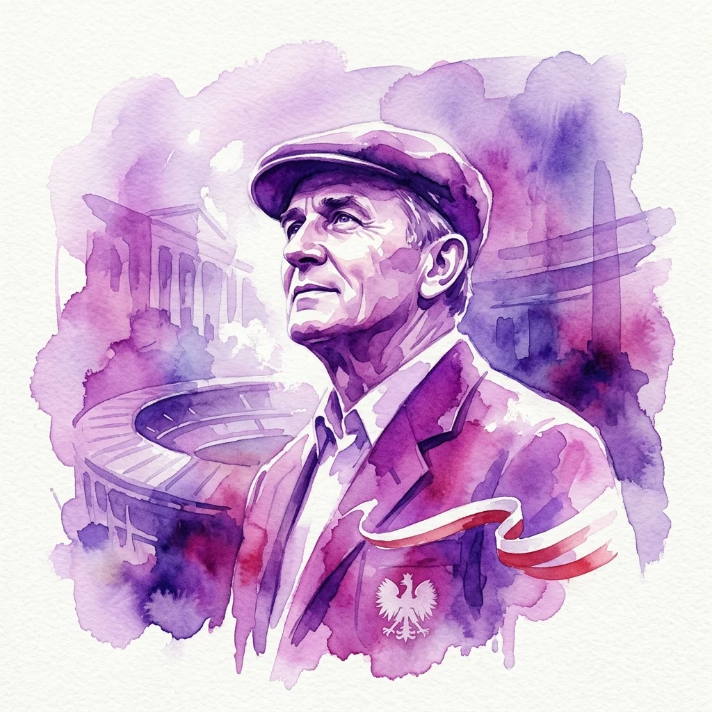 Waterverfportret van Kazimierz Górski, een gerenommeerde Poolse voetbalcoach, met een pet en een pak met een Poolse adelaarembleem, tegen een paars getinte stadionachtergrond.