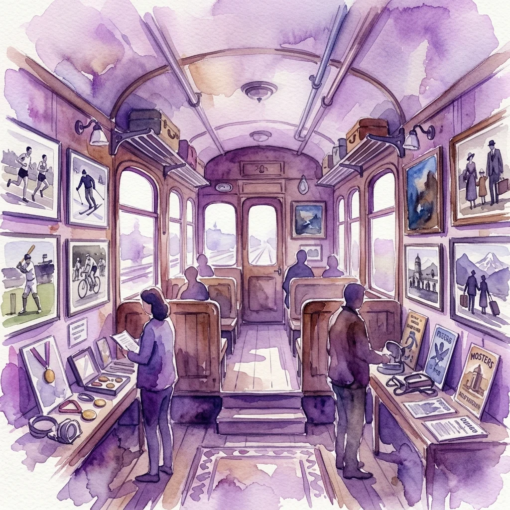 Ilustracja akwarelowa wnętrza zabytkowego wagonu kolejowego służącego jako przestrzeń wystawiennicza, z odwiedzającymi oglądającymi oprawione fotografie sportowe i turystyczne, medale oraz pamiątki związane z osiągnięciami sportowymi kolejarzy.