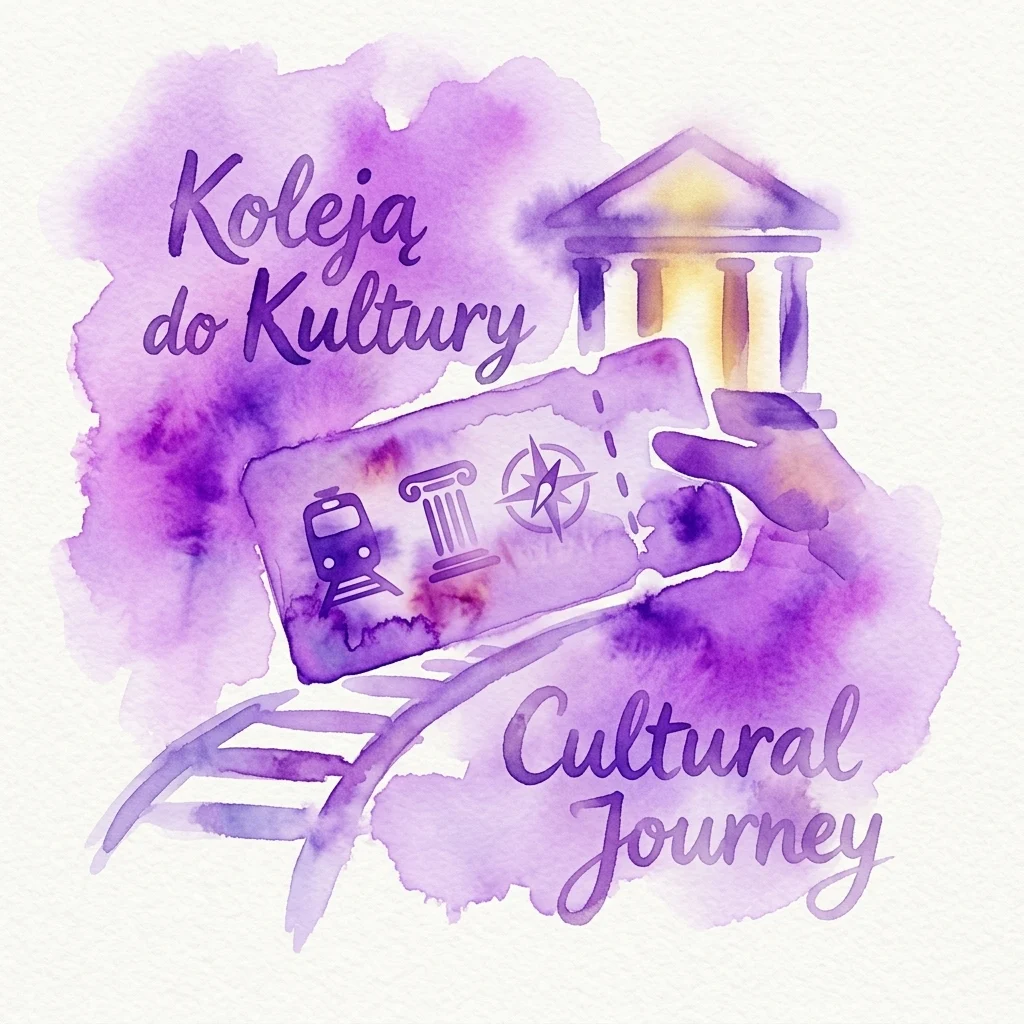 Fioletowa akwarelowa ilustracja biletu kolejowego z symbolami kulturowymi, trzymanego nad torami kolejowymi prowadzącymi do klasycznego budynku, promująca kampanię podróży kulturalnych „Koleją do Kultury”.
