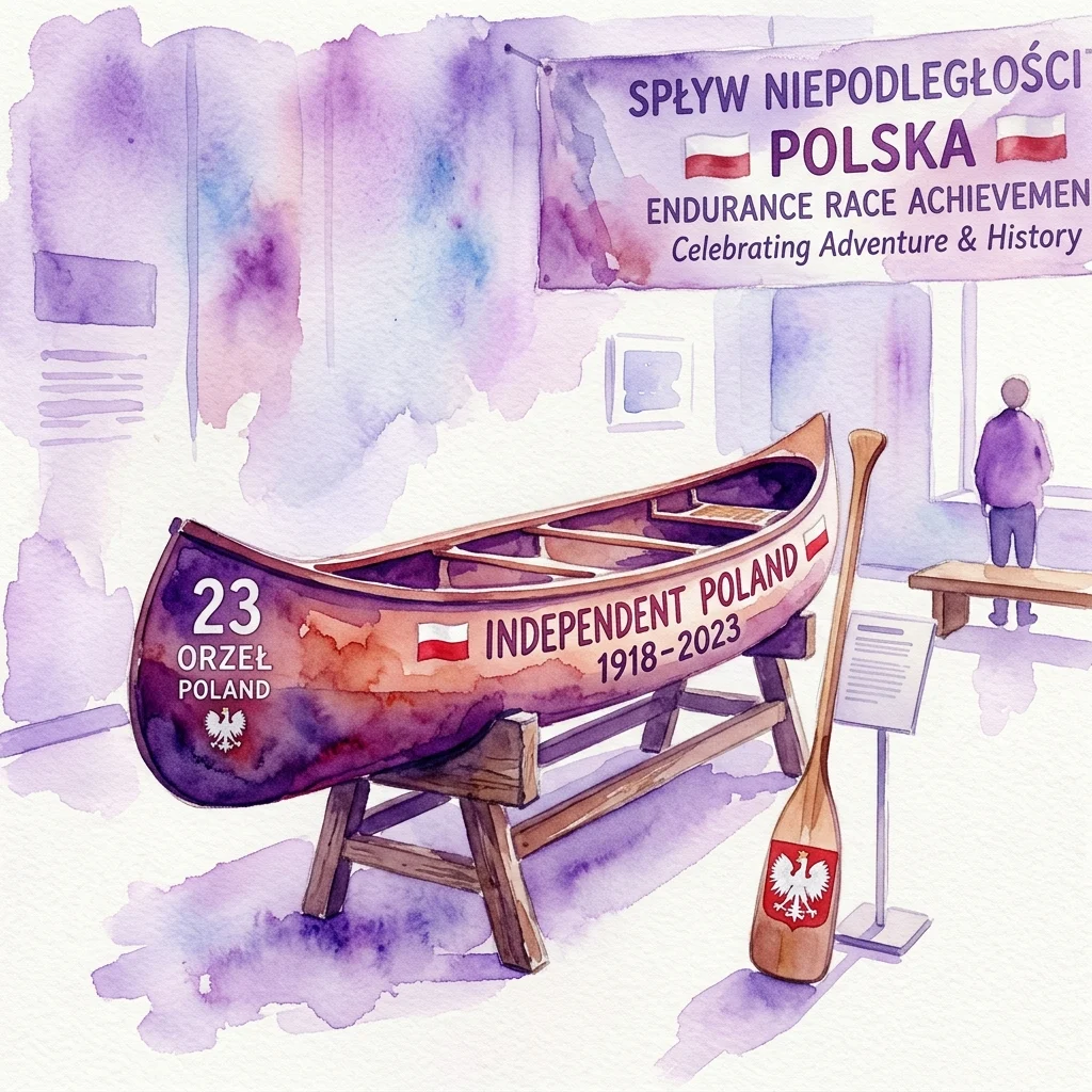 Ilustracja akwarelowa kanoe o nazwie 'Niepodległa Polska' prezentowanego w muzeum, z wiosłem i banerem upamiętniającym osiągnięcie Marcina Gienieczko w wyścigu wytrzymałościowym.
