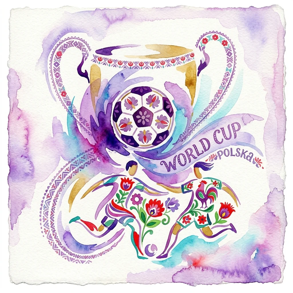 A watercolor artwork featuring a football trophy with a soccer ball at its center, surrounded by colorful floral and folk patterns, with 'WORLD CUP POLSKA' written on a ribbon.