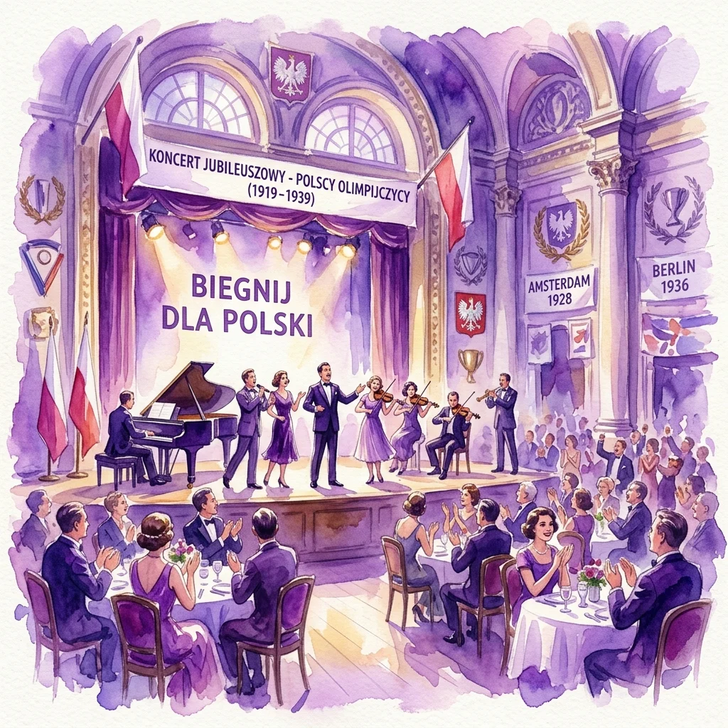 Ilustracja akwarelowa koncertu jubileuszowego upamiętniającego polskich olimpijczyków z okresu Drugiej Rzeczypospolitej (1919-1939), przedstawiająca wykonawców na scenie z fortepianem i instrumentami smyczkowymi, publiczność w strojach galowych oraz banery podkreślające osiągnięcia olimpijskie w Amsterdamie 1928 i Berlinie 1936.