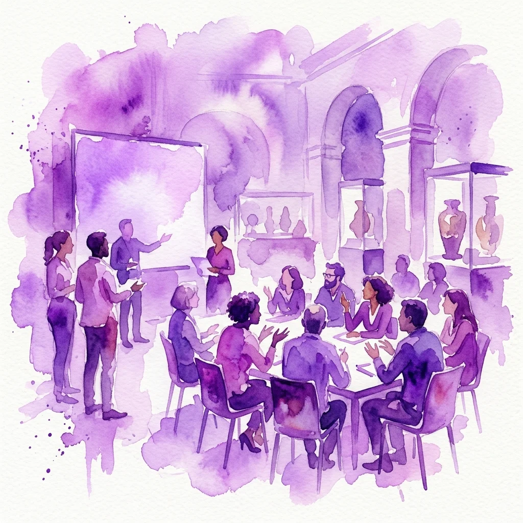 Una ilustración en acuarela de una conferencia en un entorno de museo, con diversos participantes inmersos en una discusión alrededor de una mesa, con un presentador frente a una pantalla y vitrinas al fondo.