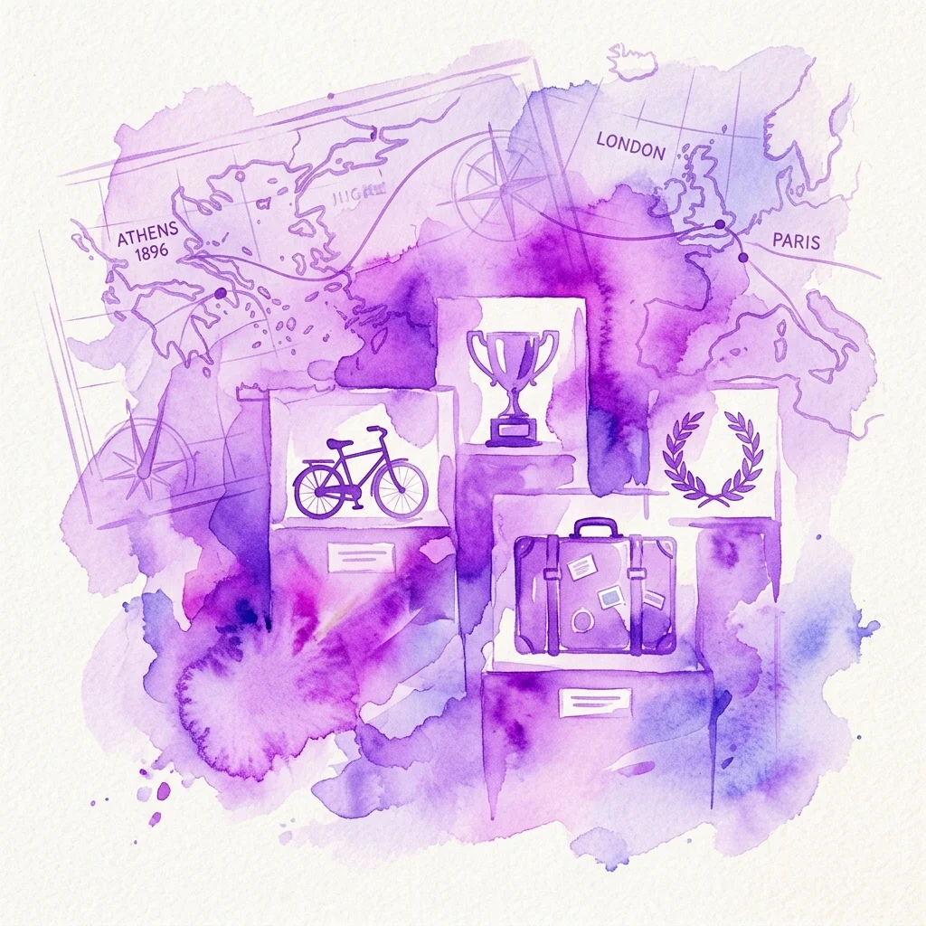 Ilustracja akwarelowa zabytkowych artefaktów podróżnych, w tym roweru, trofeum, walizki i wieńca laurowego, nałożona na mapę z Atenami, Londynem i Paryżem, reprezentująca tematykę turystyki i muzealnictwa.