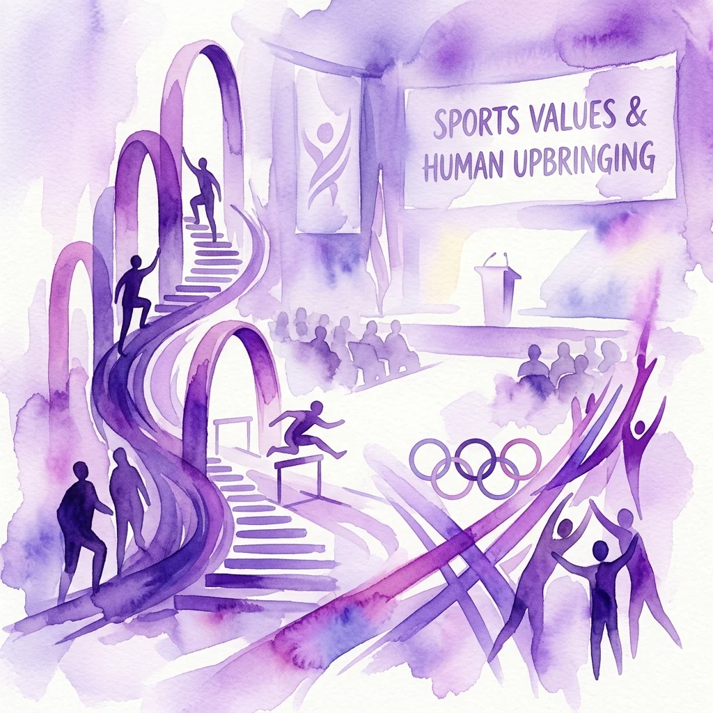 Una ilustración en acuarela de una conferencia sobre valores deportivos y crianza humana, con siluetas de atletas subiendo escaleras, saltando vallas y celebrando, con los anillos olímpicos y un escenario al fondo.