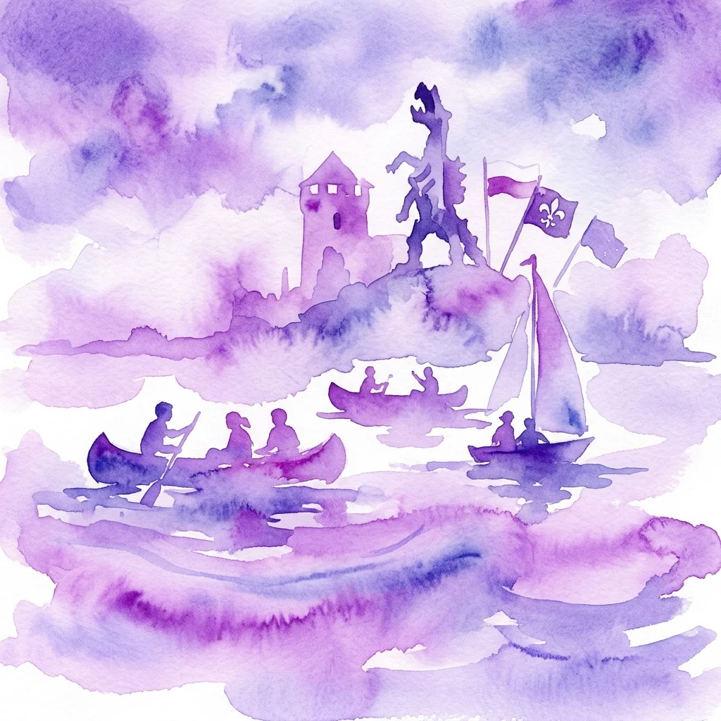 Een aquarelillustratie in paarse tinten die scouts in kano's en een zeilboot op het water afbeeldt, met op de achtergrond een kasteel en een standbeeld, die de geschiedenis van scouting in Polen symboliseren.