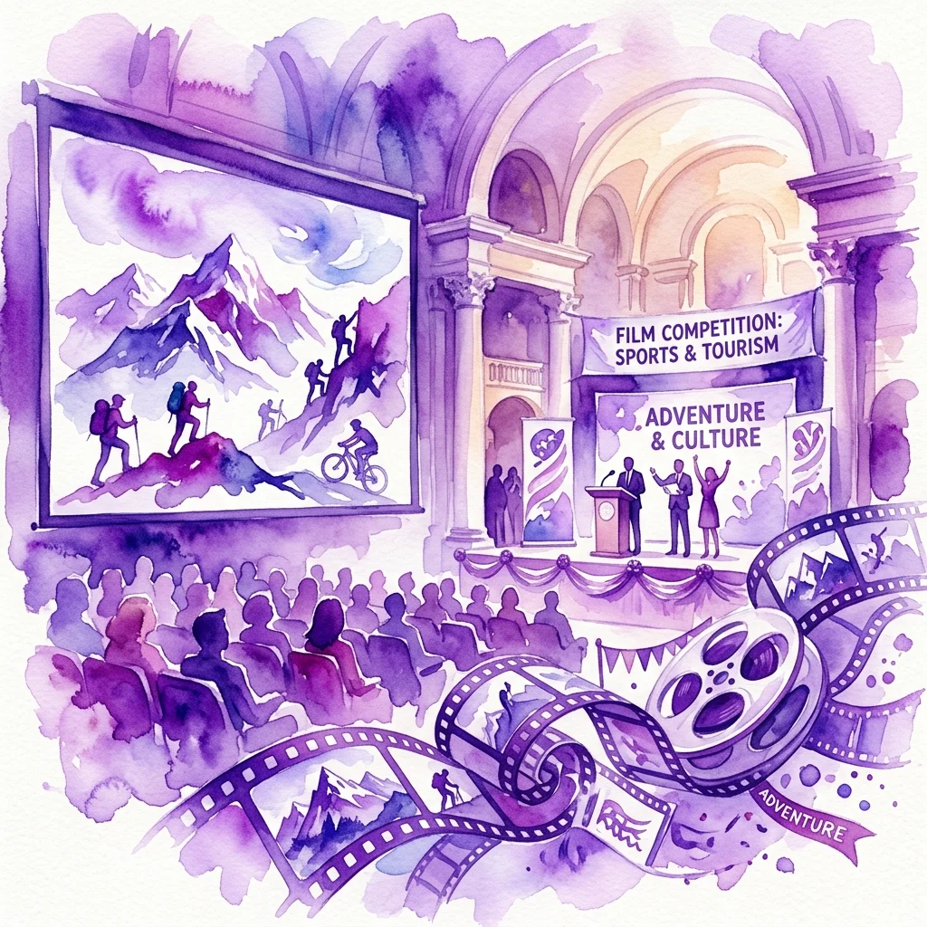 A watercolor illustration of a film competition event for sports and tourism, featuring a large screen showing mountain climbers, a stage with speakers, and film reels in the foreground.