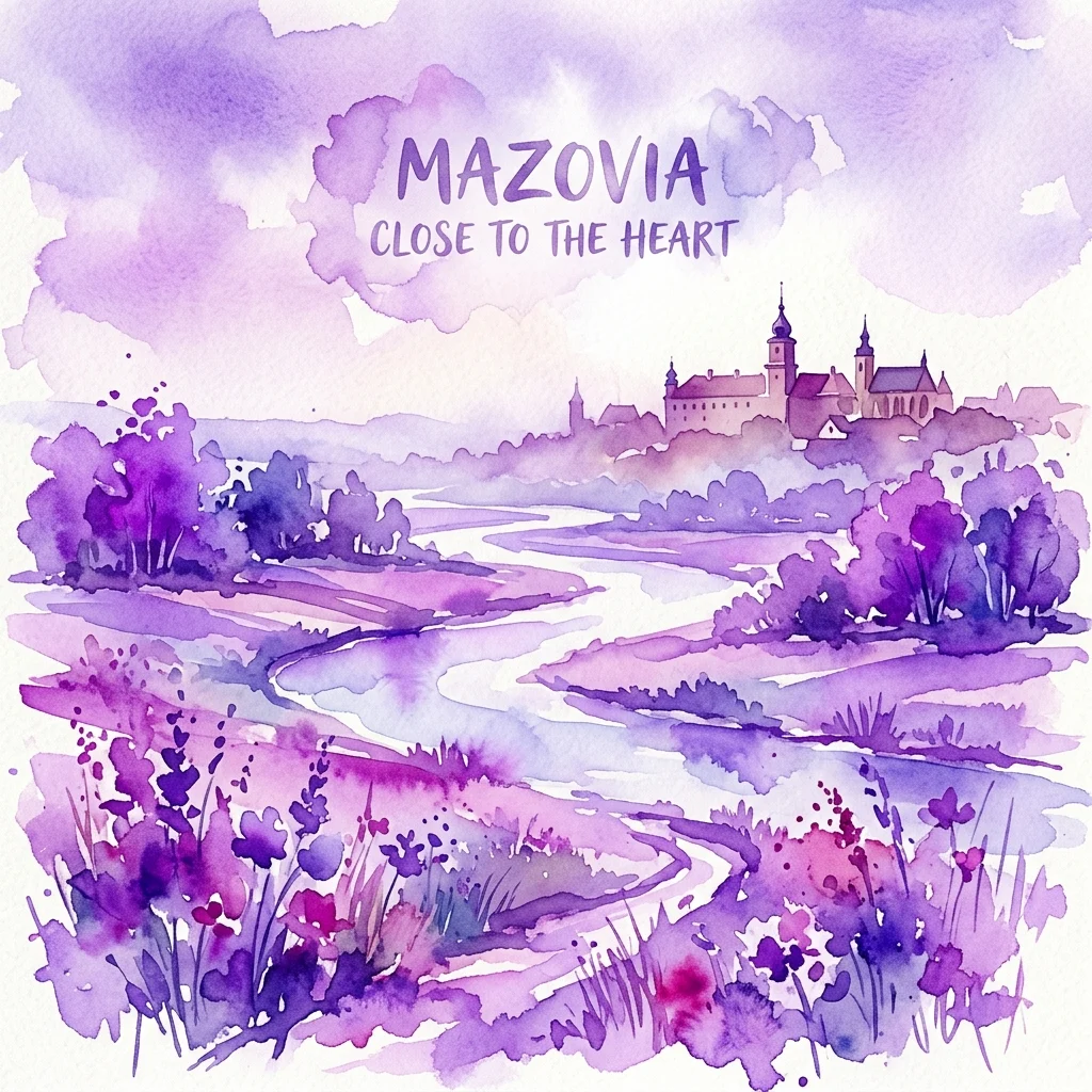 A watercolor illustration of a scenic landscape in Mazovia, Poland, featuring a winding river, lush vegetation, and a distant castle under a purple-hued sky, with the text 'MAZOVIA CLOSE TO THE HEART' prominently displayed.