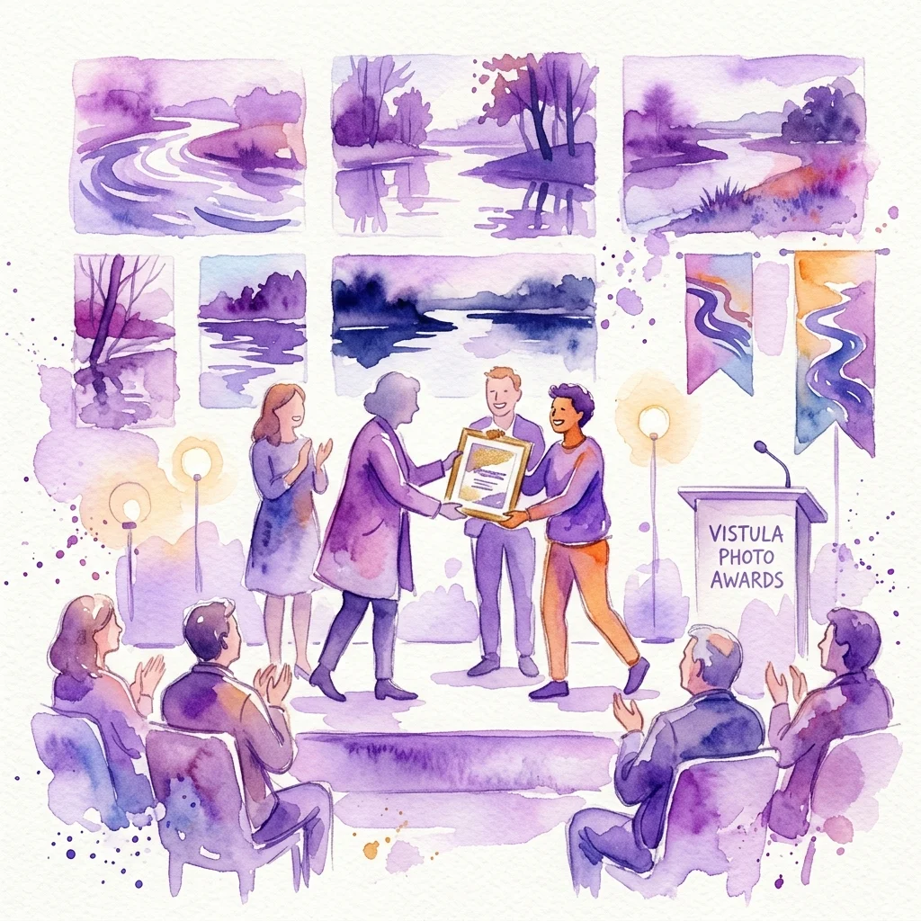 Watercolor illustration of a photography award ceremony for the Vistula Photo Awards, with a young person receiving a framed certificate on stage while others applaud, surrounded by images of the Vistula River.