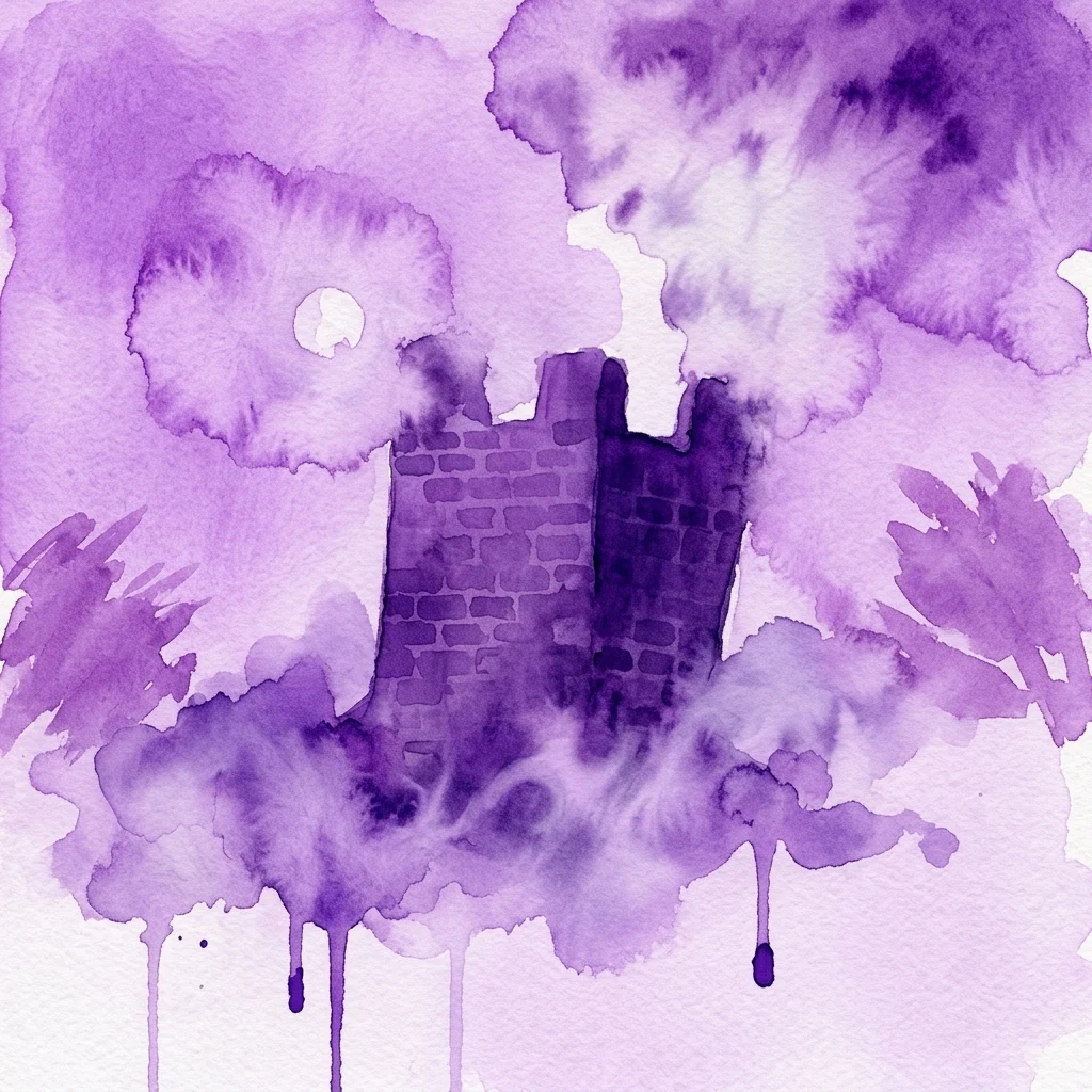 Una acuarela de una ruina de castillo en tonos púrpuras, con luna llena y atmósfera de niebla, evocando un ambiente fantasmal y misterioso.