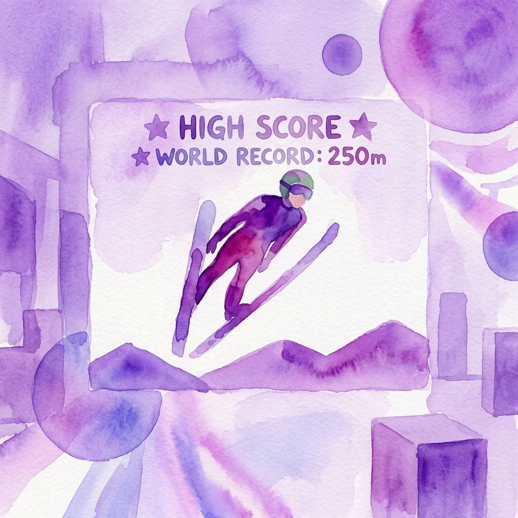 Ilustracja akwarelowa skoczka narciarskiego w powietrzu z tekstem 'HIGH SCORE' i 'REKORD ŚWIATA: 250m', na fioletowym abstrakcyjnym tle.