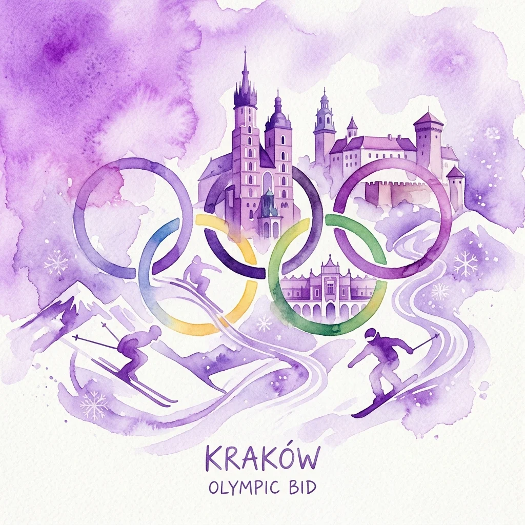 Una ilustración en acuarela de la candidatura de Cracovia para los Juegos Olímpicos de Invierno de 2022, que presenta los anillos olímpicos entrelazados con los puntos de referencia de la ciudad, esquiadores y copos de nieve sobre un fondo morado.