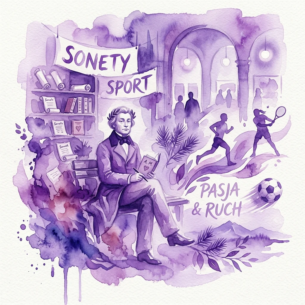 Ilustracja akwarelowa wystawy upamiętniającej polskiego poety Krzysztofa Zuchory, przedstawiająca centralną postać piszącą, otoczoną regałami z książkami, motywami sportowymi oraz purpurowymi napisami 'Sonety Sport' i 'Pasja & Ruch'.