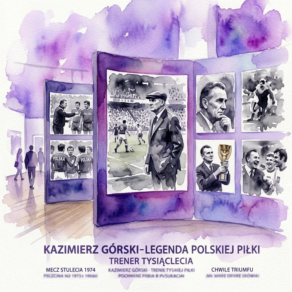 Een geïllustreerde tentoonstellingsopstelling met vintage zwart-witfoto's van de Poolse voetbalcoach Kazimierz Górski, inclusief momenten uit wedstrijden, trainingen en vieringen, gepresenteerd in een museumsetting met paarse aquarelaccenten.