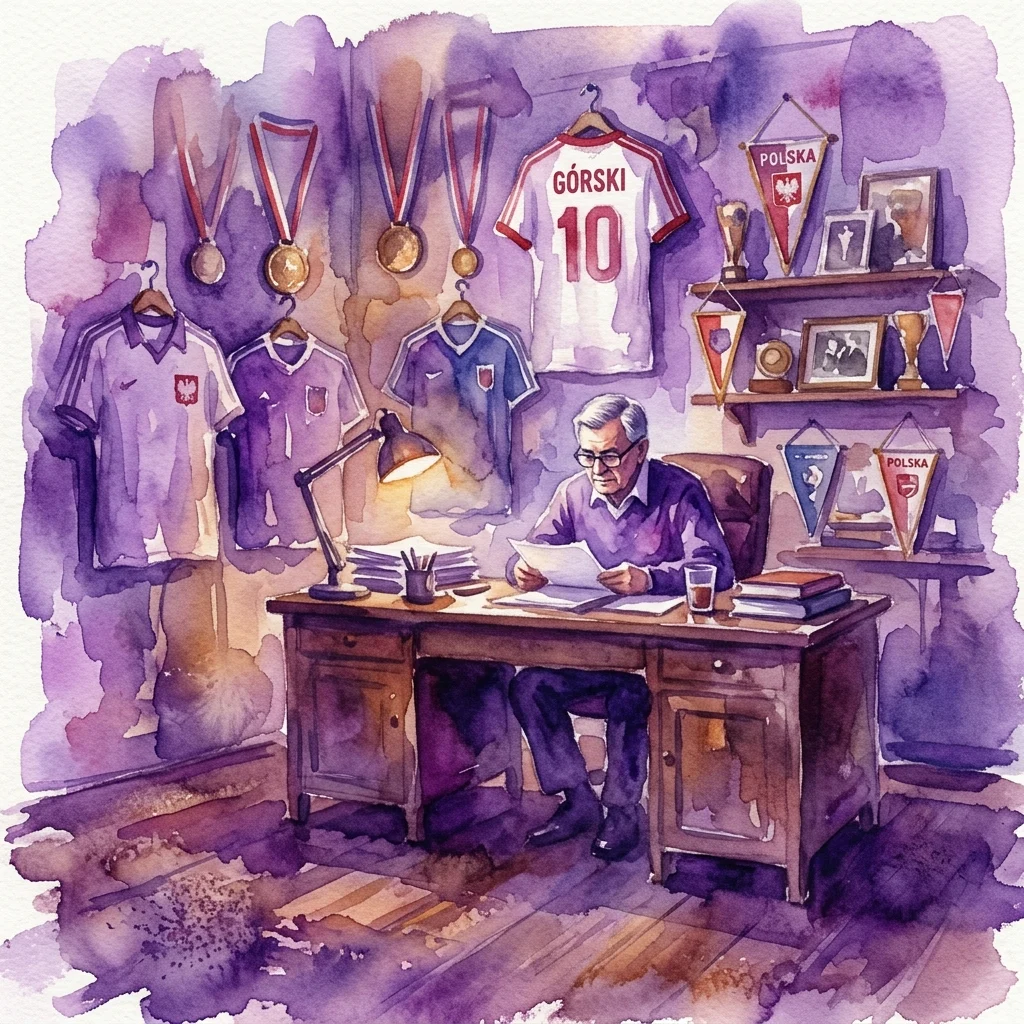 Ilustración en acuarela de Kazimierz Górski en su oficina, rodeado de memorabilia del fútbol polaco que incluyen camisetas, medallas y trofeos, evocando la atmósfera de su legendaria carrera como entrenador.