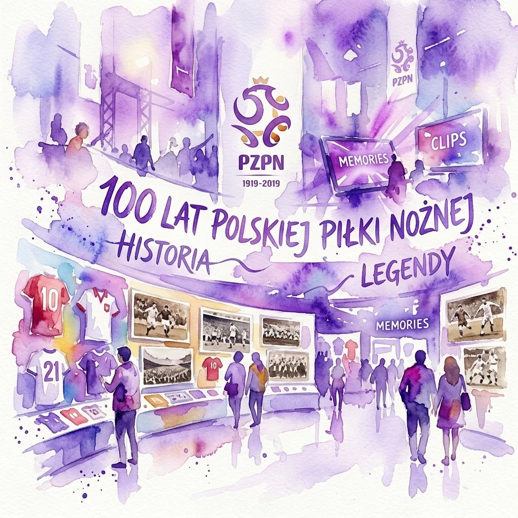 Watercolor illustration of the '100 Years of Polish Football' exhibition, featuring vintage jerseys, historical photos, and a multimedia zone celebrating the PZPN's centenary from 1919-2019.