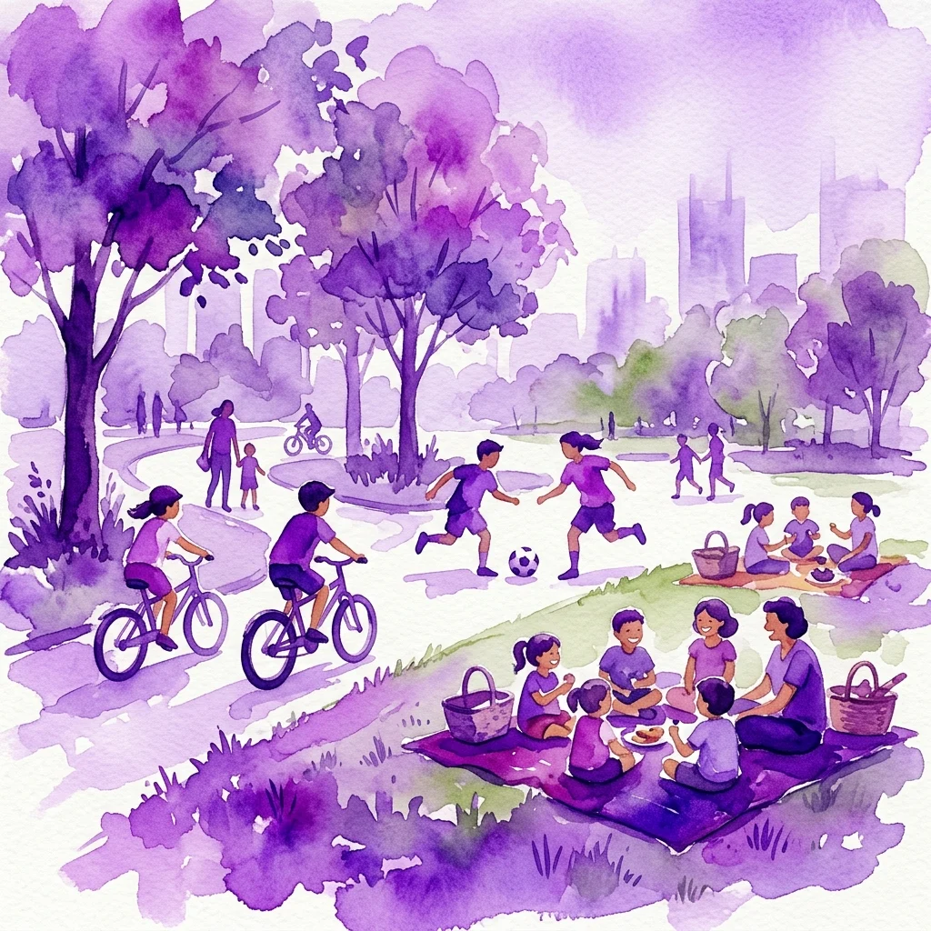 Een aquarelillustratie van kinderen en gezinnen die genieten van zomerse activiteiten in een stadspark, waaronder fietsen, voetballen en picknicken, met stadsgebouwen op de achtergrond.