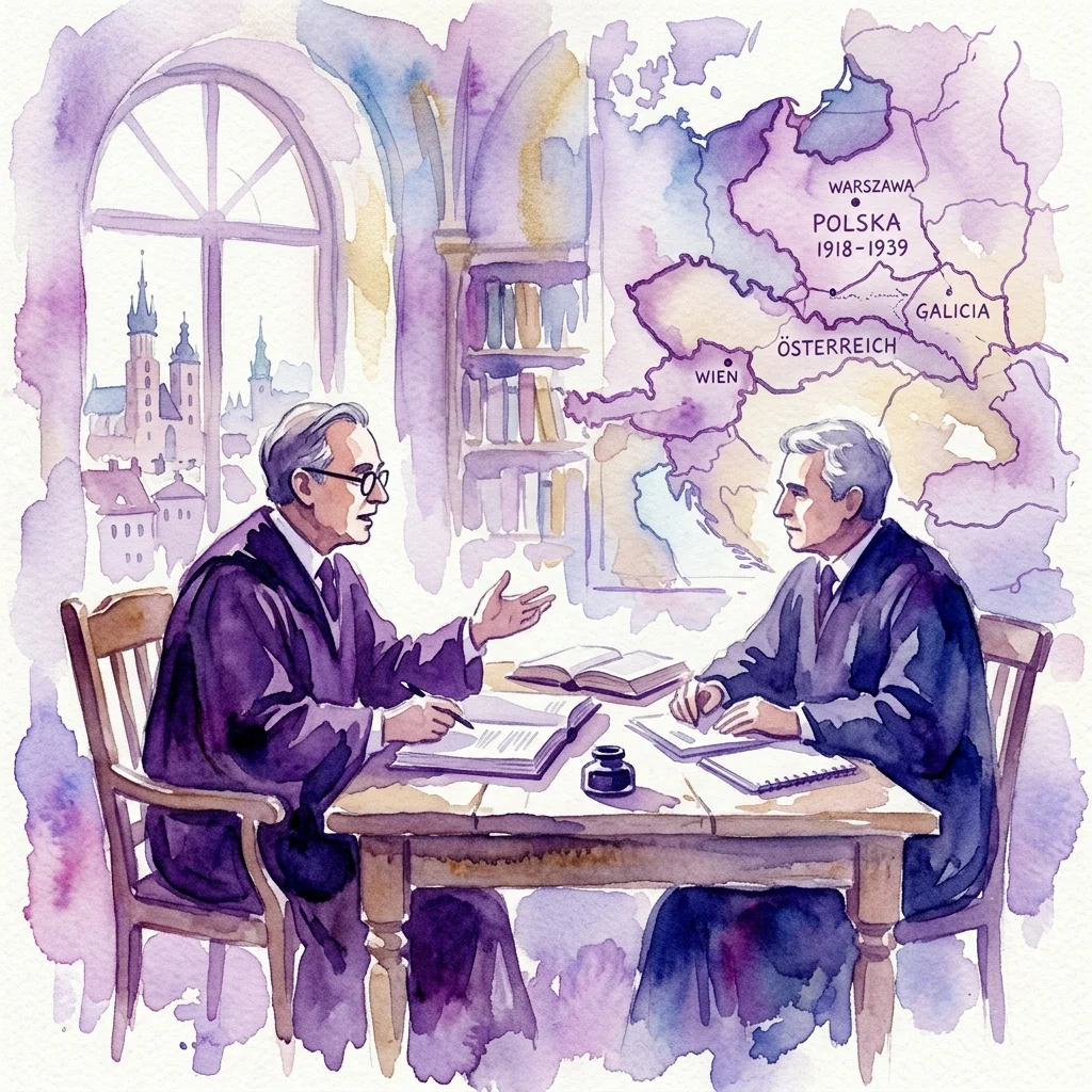 Ilustracja akwarelowa przedstawiająca dwóch uczonych dyskutujących przy stole, z historyczną mapą Polski (1918-1939) i Austrii w tle, symbolizująca wykład na temat rozwoju politycznego i społecznego po 1918 roku.