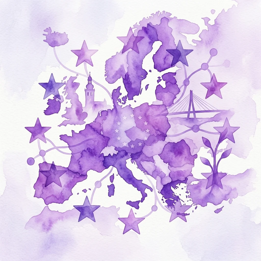 Waterverfillustratie van de kaart van de Europese Unie in paars, met sterren, een brug, een kerktoren en een groeiende plant, als symbool voor regionale ontwikkeling en initiatieven van Europese fondsen.