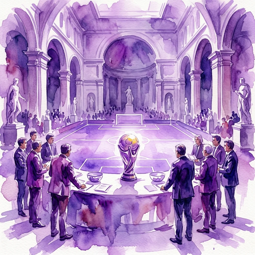 Ilustracja akwarelowa ceremonii losowania grup mistrzostw w piłce nożnej w Muzeum Sportu i Turystyki, przedstawiająca urzędników przy stole z trofeum i projektem boiska piłkarskiego, w wielkiej sali z łukami i posągami.
