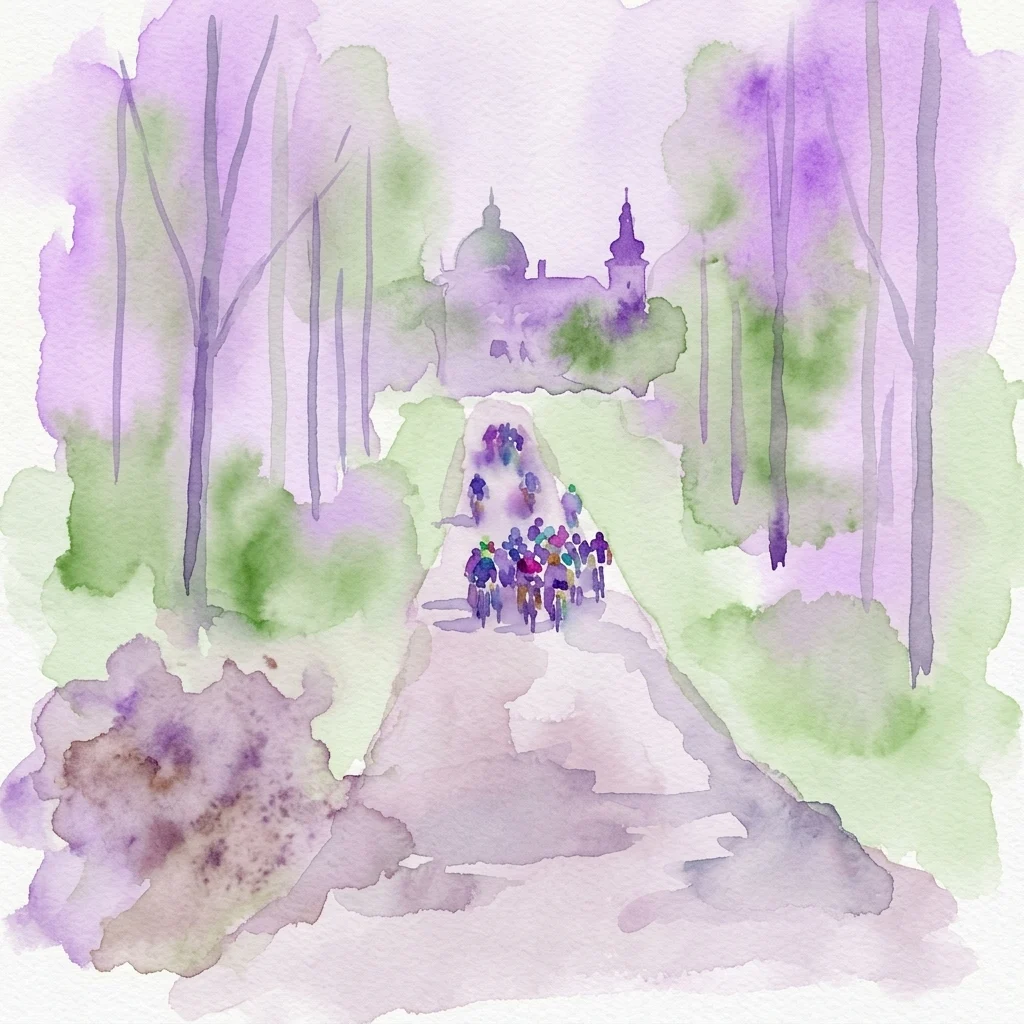 Ilustracja akwarelowa peletonu kolarskiego na ścieżce przez park, z zabytkowym pałacem w tle, przedstawiająca LOTTO Poland Bike Marathon w Jabłonnie.
