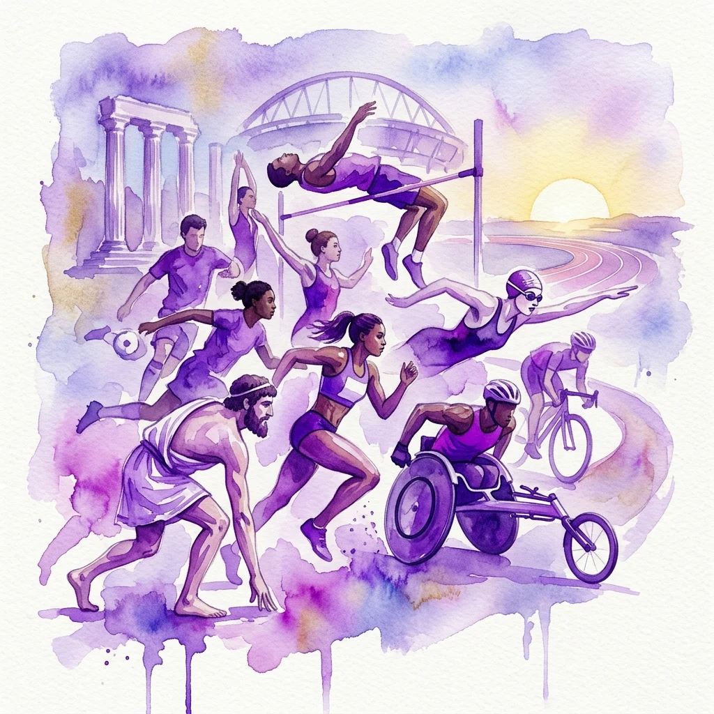 Una ilustración en acuarela de diversos atletas de diferentes deportes y épocas, incluyendo un velocista, saltador de altura, nadador, ciclista y corredor en silla de ruedas, sobre un fondo de columnas antiguas y un estadio moderno con un amanecer.