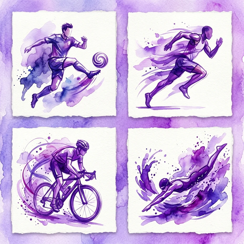 Cuatro pósteres deportivos en acuarela con un futbolista, corredor, ciclista y nadador, todos representados en tonos dinámicos de púrpura y azul con pinceladas expresivas.