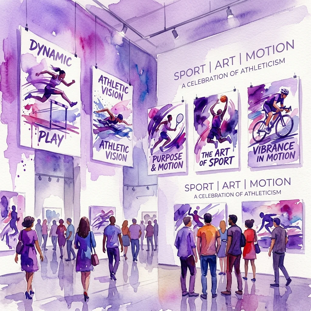 Ilustracja akwarelowa galerii wystawowej prezentującej sportową sztukę Luigiego Castiglioniego, z odwiedzającymi oglądającymi żywe plakaty celebrujące ruch atletyczny i wizję artystyczną.