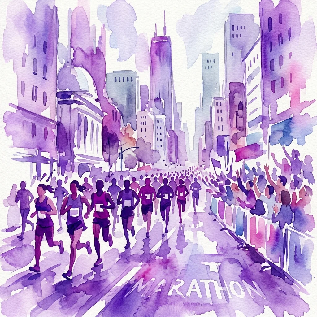 Ilustracja akwarelowa przedstawiająca maraton w mieście, z biegaczami w ruchu i dopingującymi widzami, wykonana w stylu grafiki artystycznej.