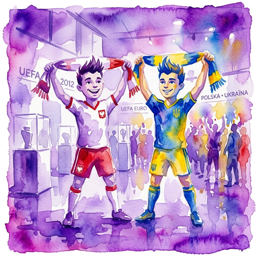 Watercolor illustration of the UEFA Euro 2012 mascots, Slavek and Slavko, celebrating in Polish and Ukrainian football kits at a museum exhibition.